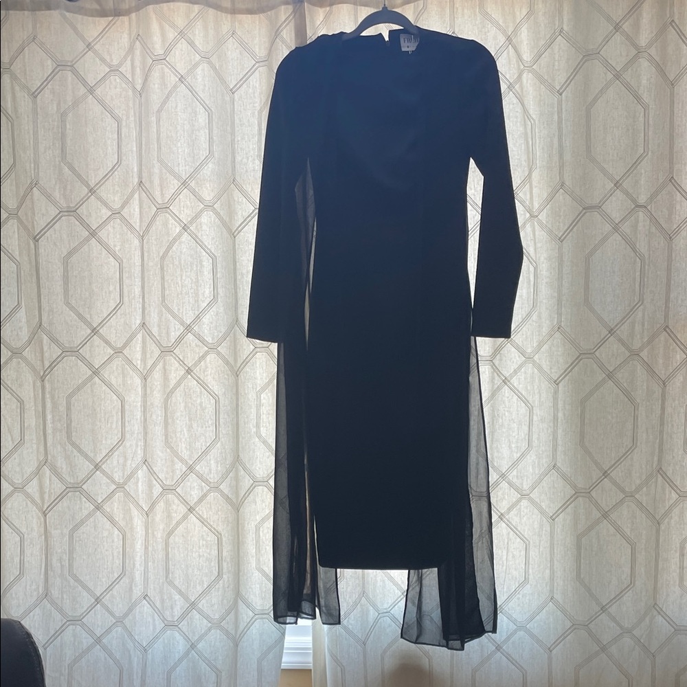 Chic Black Long Sleeve Dress with Sheer Overlay